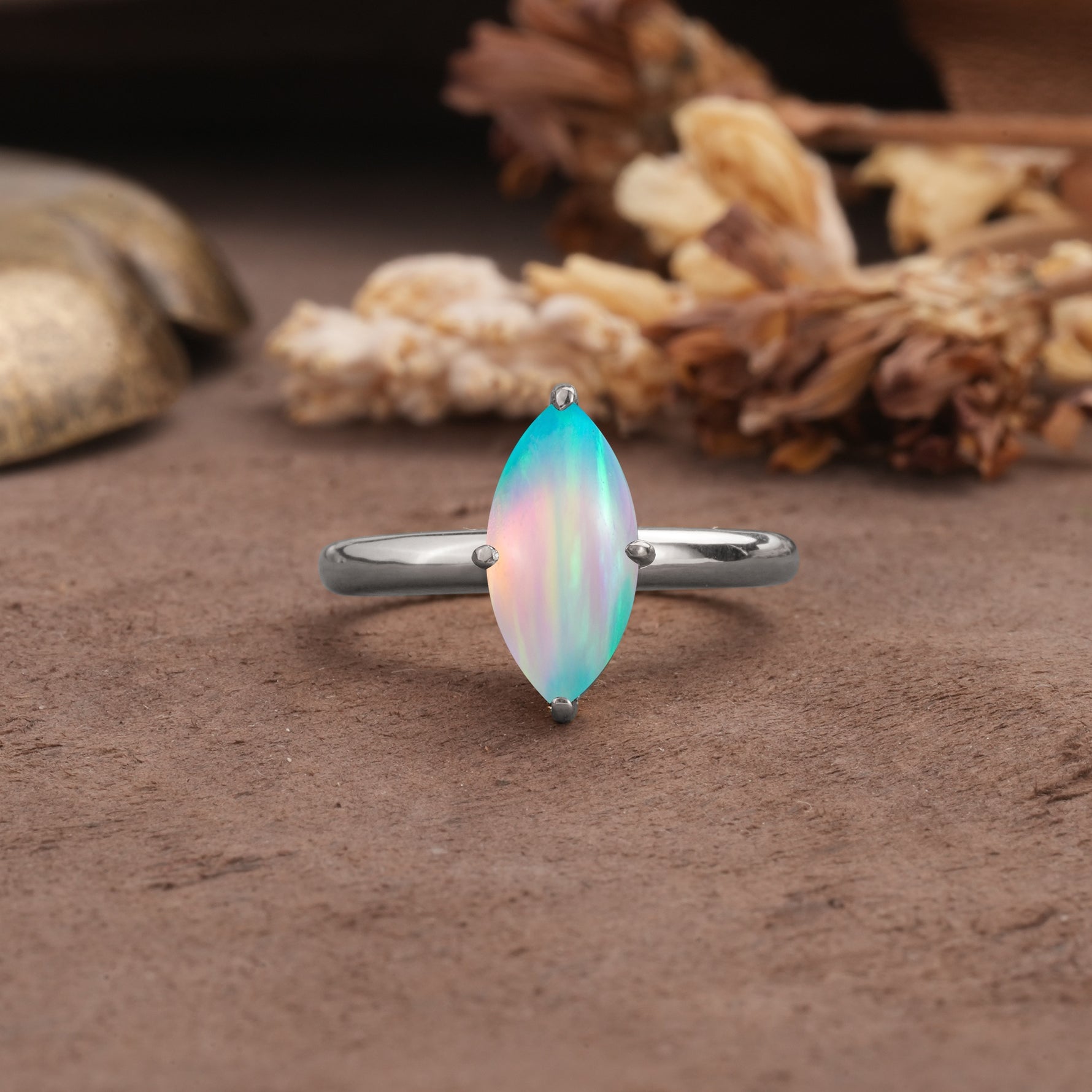 Unique and Luxurious 4-Prong Marquise Cut Fire Opal Engagement Ring - Additional view
