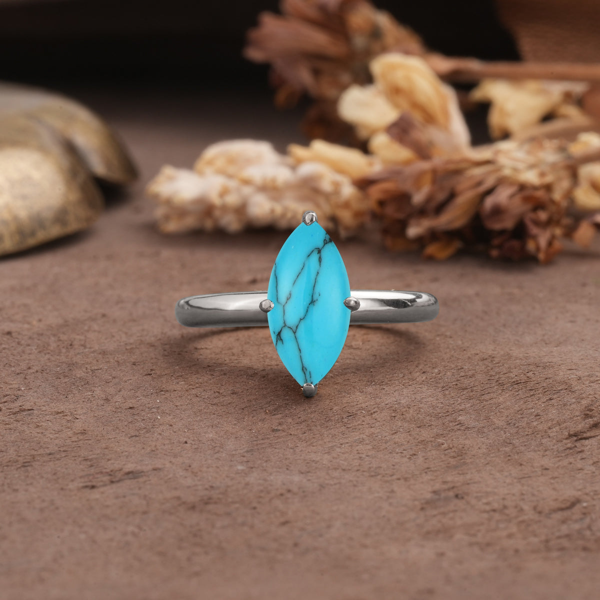 Unique and Luxurious 4-Prong Marquise Cut Turquoise Engagement Ring - Additional view