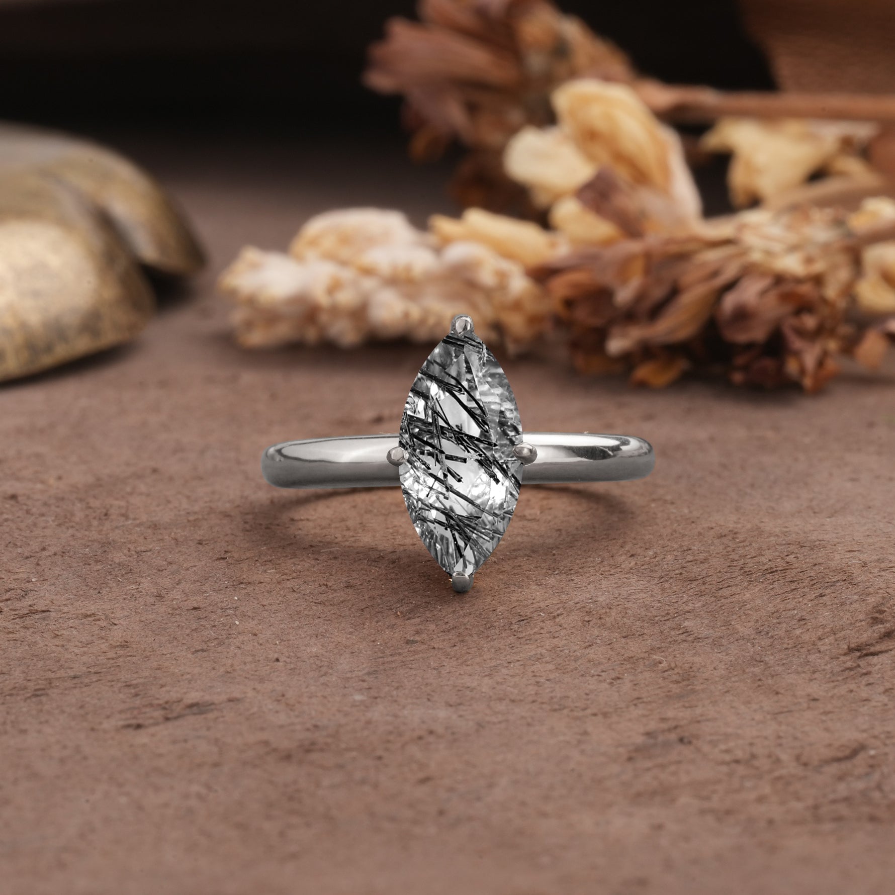 Unique and Luxurious 4-Prong Marquise Cut Black Rutilated Quartz Engagement Ring - Additional view