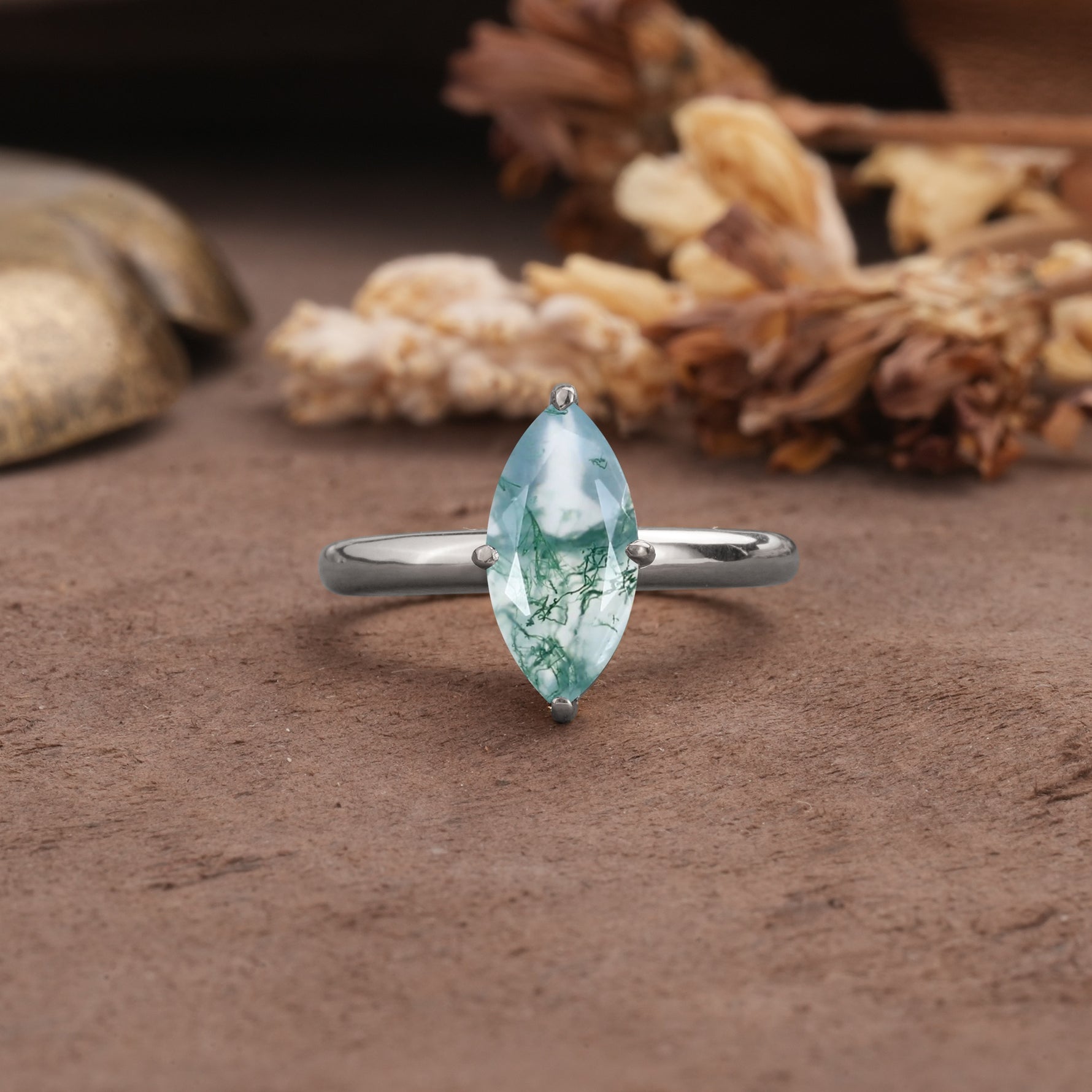 Unique and Luxurious 4-Prong Marquise Cut Moss Agate Engagement Ring - Additional view