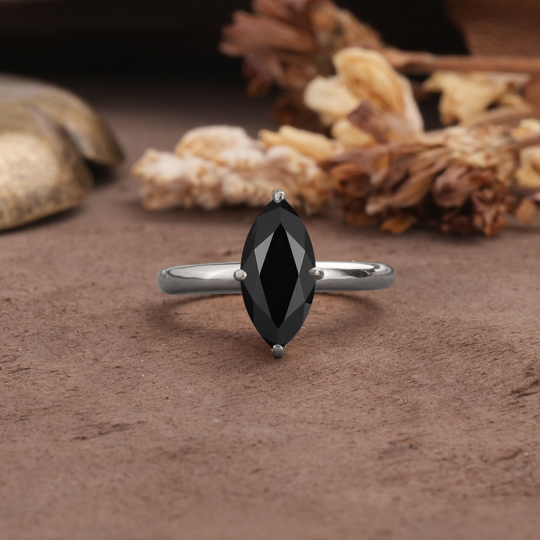Unique and Luxurious 4-Prong Marquise Cut Black Onyx Engagement Ring - Additional view