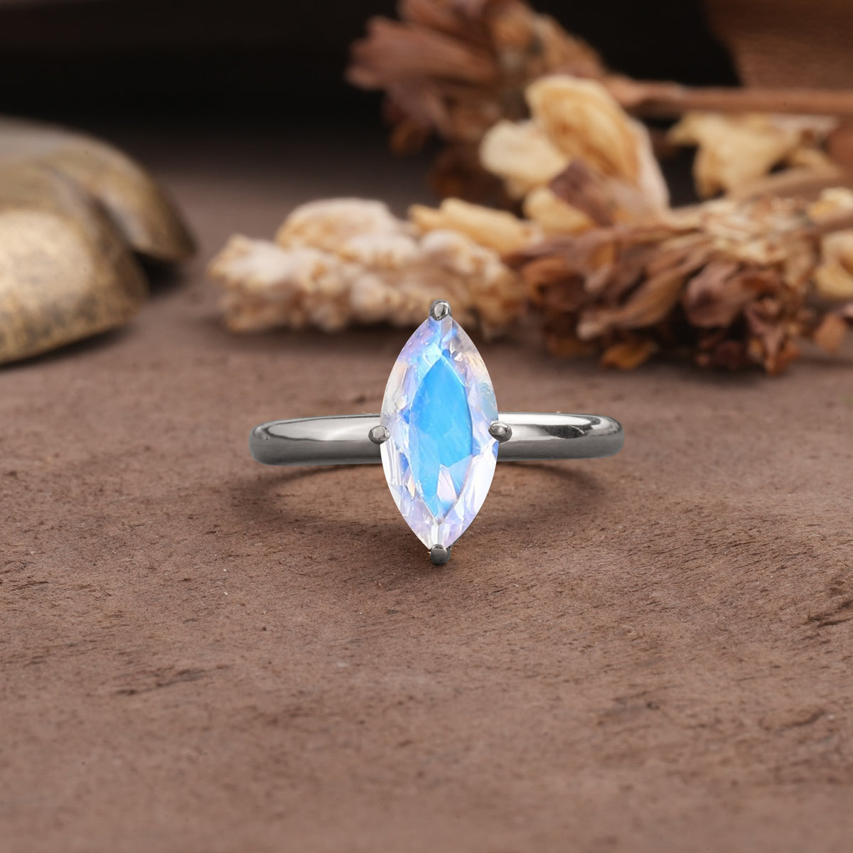 Unique and Luxurious 4-Prong Marquise Cut Moonstone Engagement Ring - Additional view