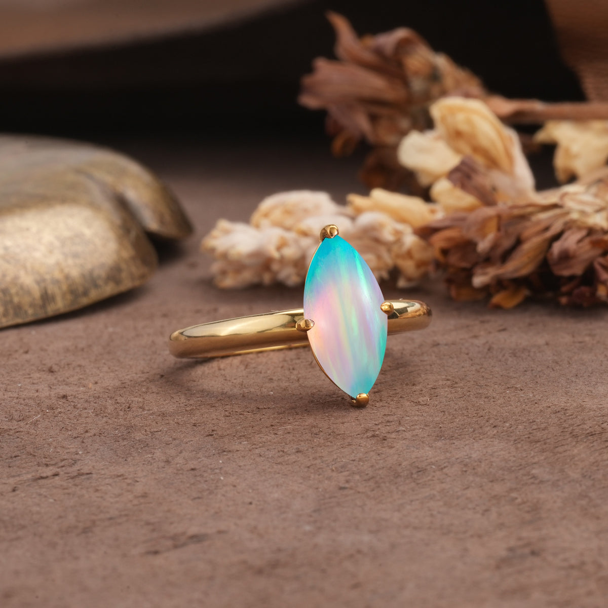 Unique and Luxurious 4-Prong Marquise Cut Fire Opal Engagement Ring - Additional view