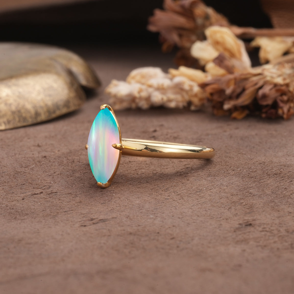 Unique and Luxurious 4-Prong Marquise Cut Fire Opal Engagement Ring - Additional view