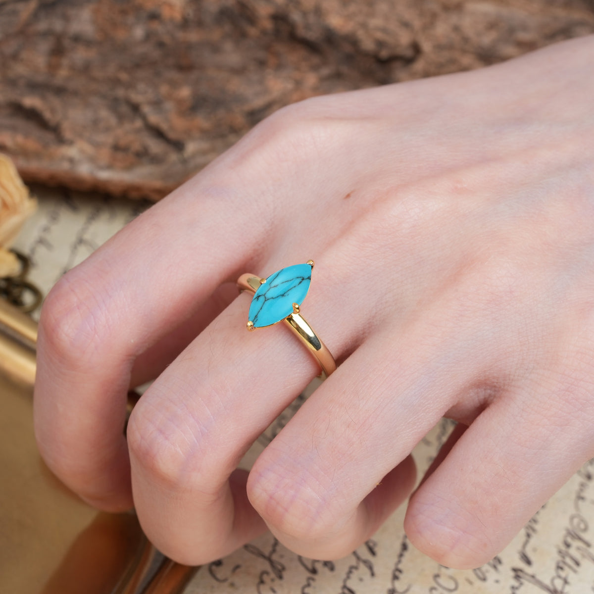 Unique and Luxurious 4-Prong Marquise Cut Turquoise Engagement Ring - Additional view