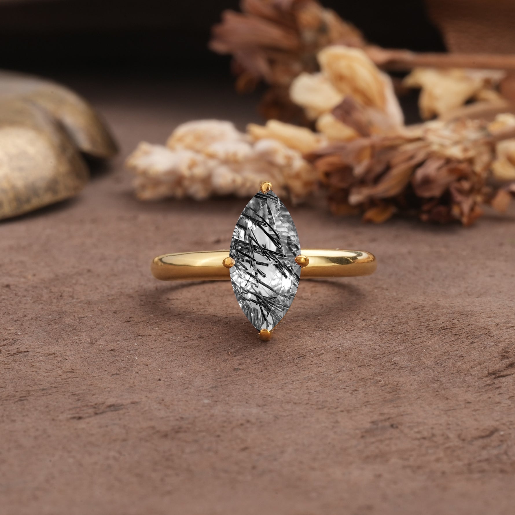 Unique and Luxurious 4-Prong Marquise Cut Black Rutilated Quartz Engagement Ring - Additional view