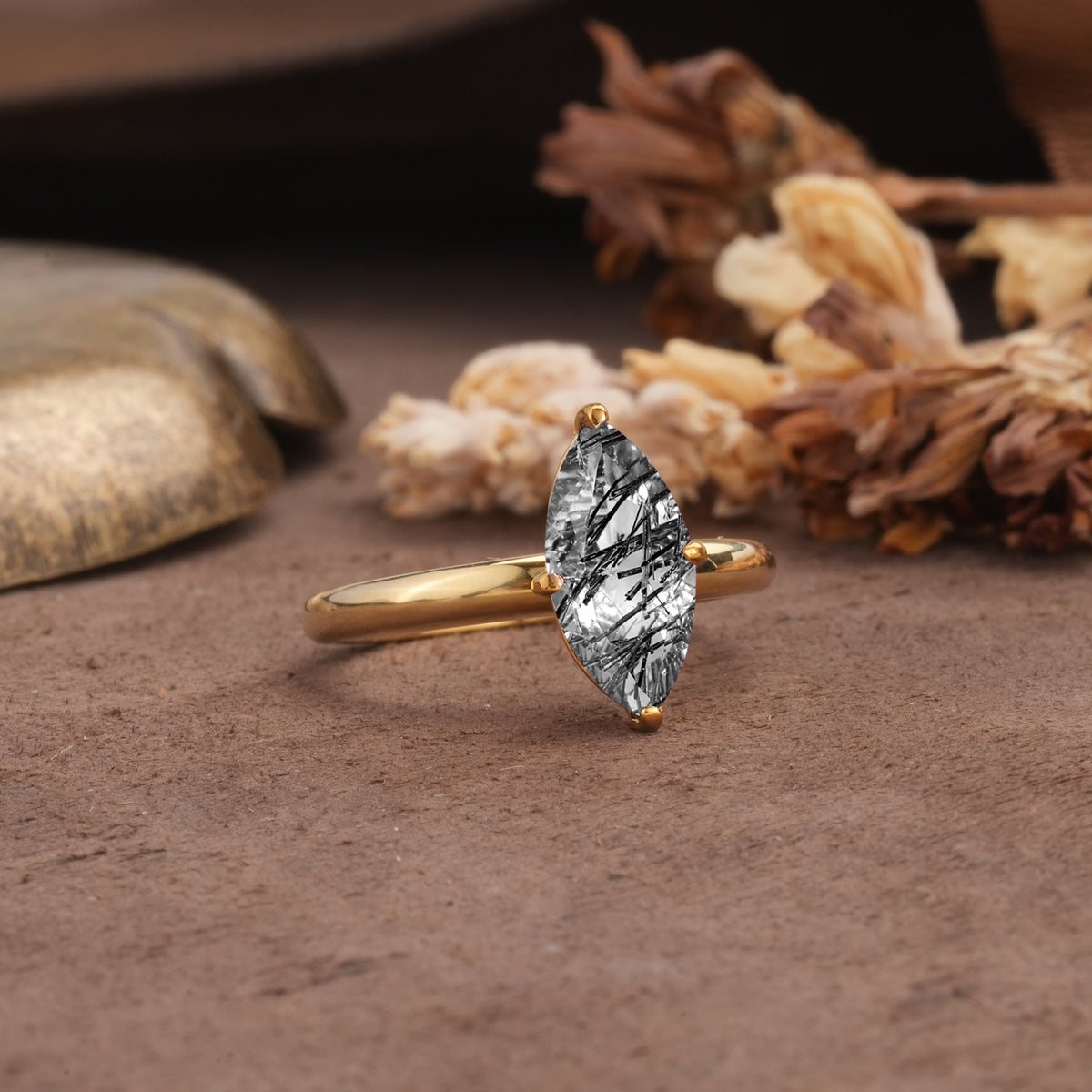 Unique and Luxurious 4-Prong Marquise Cut Black Rutilated Quartz Engagement Ring - Additional view