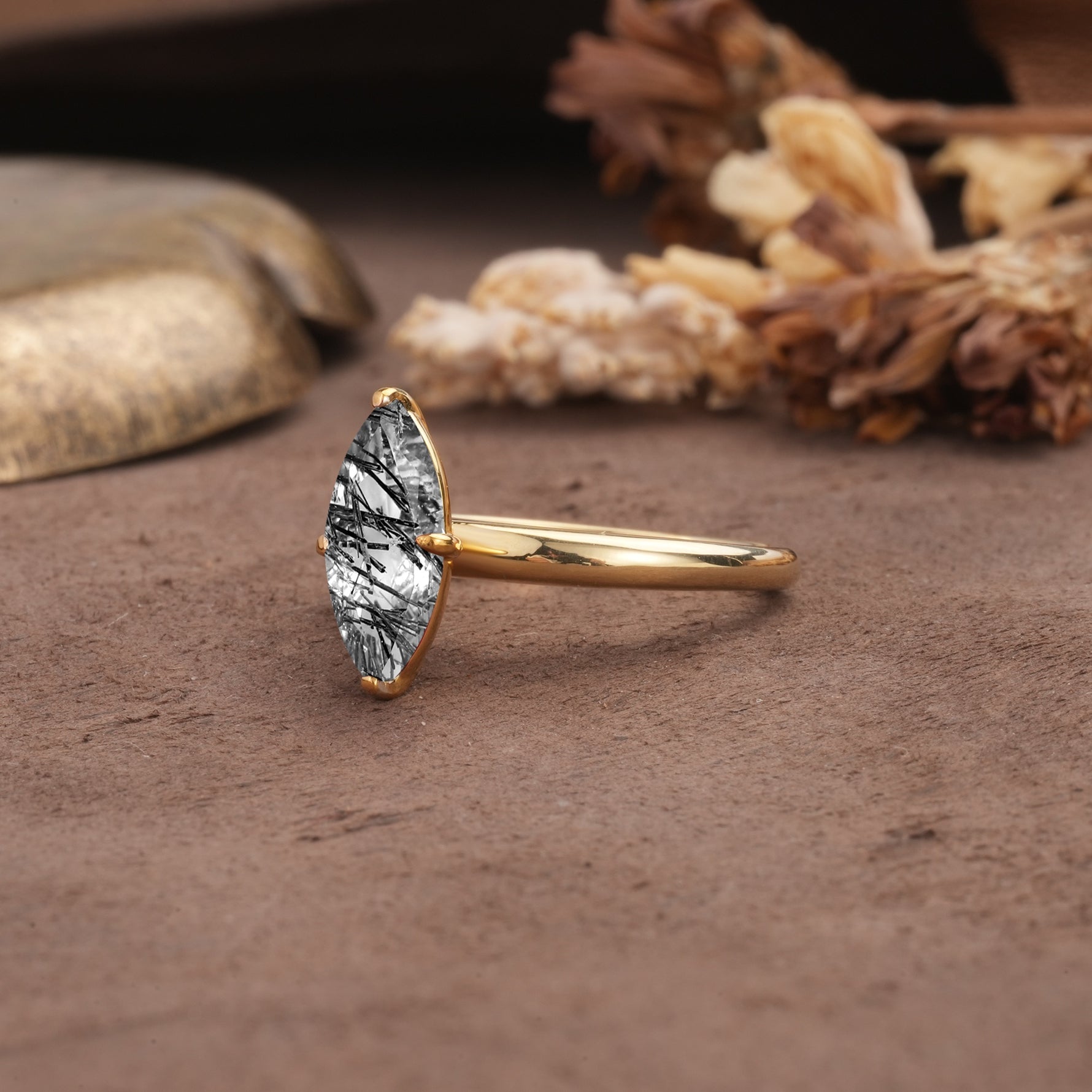 Unique and Luxurious 4-Prong Marquise Cut Black Rutilated Quartz Engagement Ring - Additional view