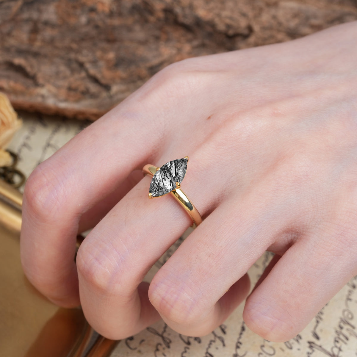 Unique and Luxurious 4-Prong Marquise Cut Black Rutilated Quartz Engagement Ring - Additional view