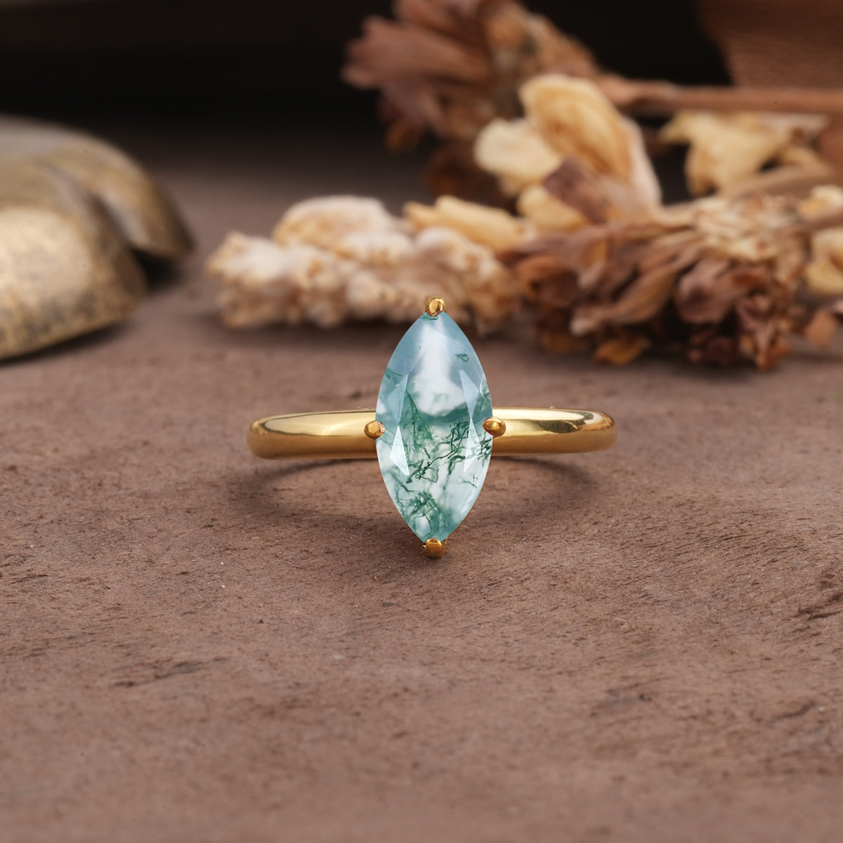 Unique and Luxurious 4-Prong Marquise Cut Moss Agate Engagement Ring - Additional view