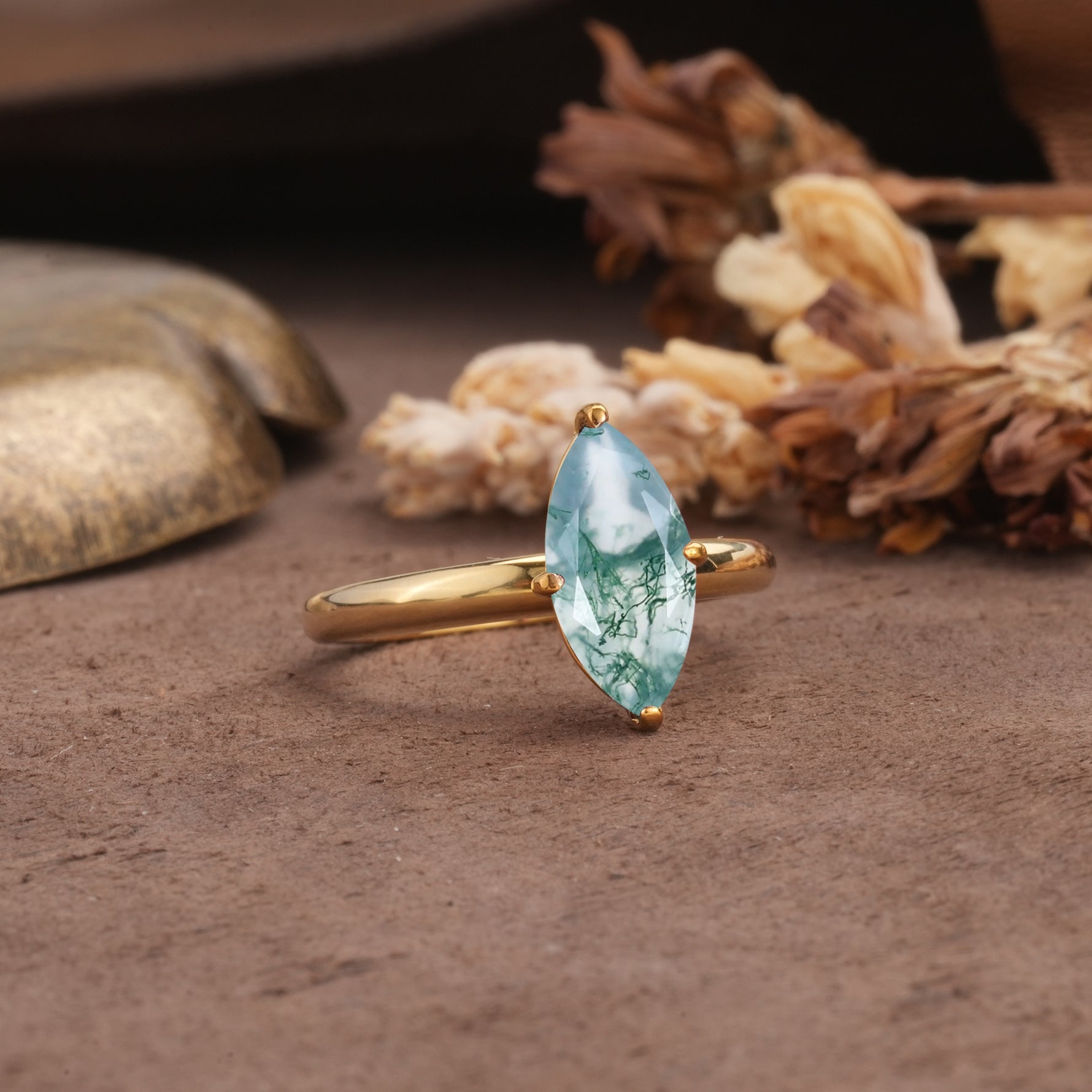 Unique and Luxurious 4-Prong Marquise Cut Moss Agate Engagement Ring - Additional view