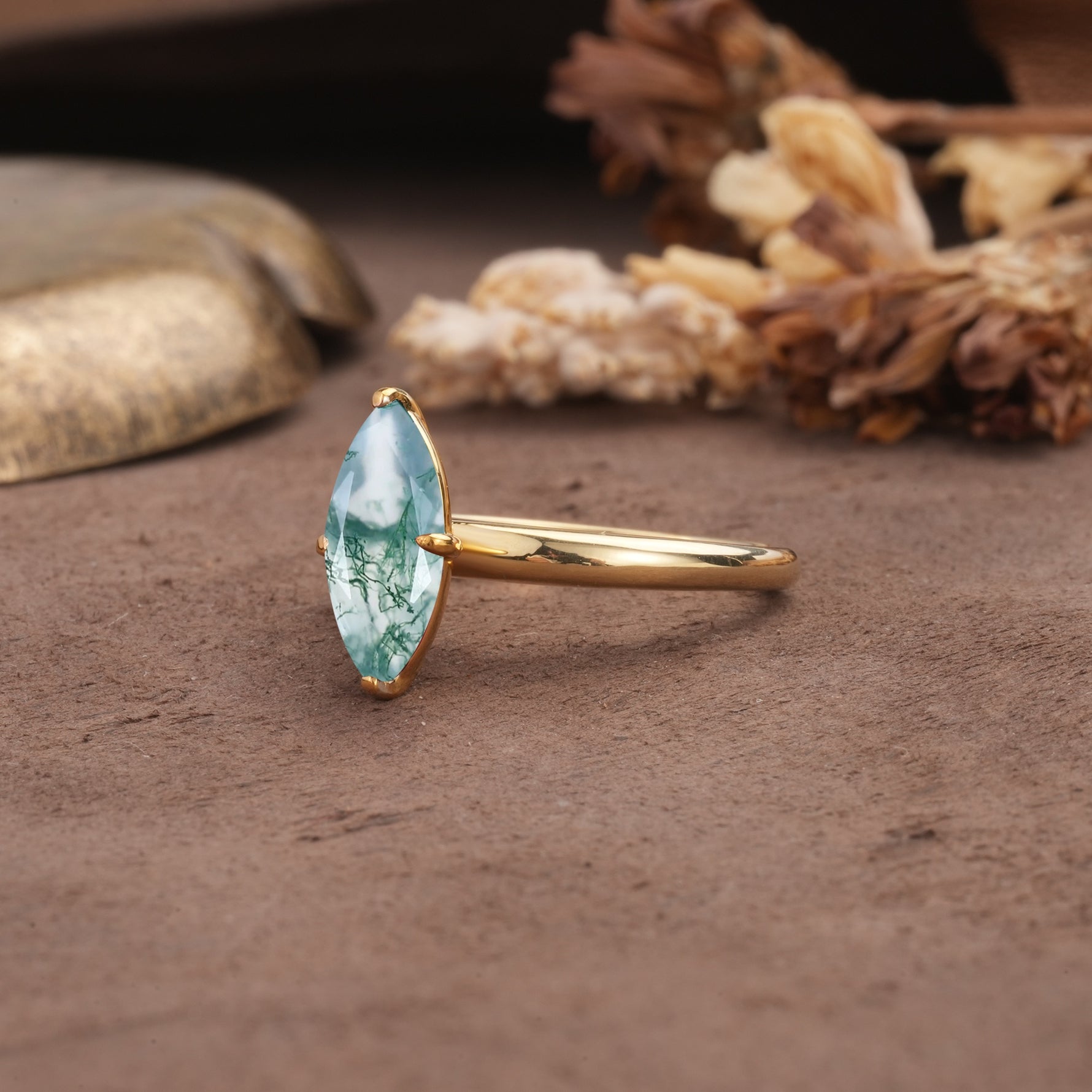Unique and Luxurious 4-Prong Marquise Cut Moss Agate Engagement Ring - Additional view