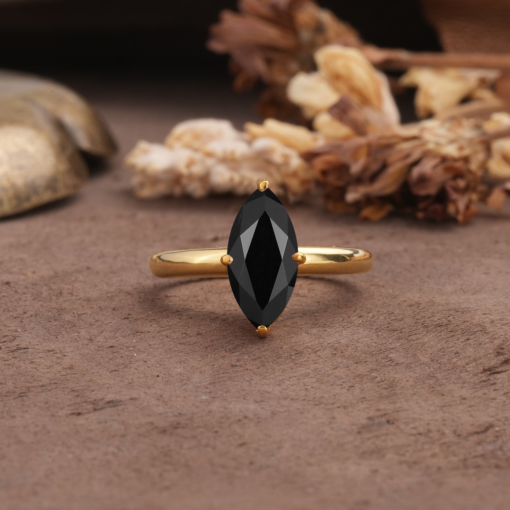 Unique and Luxurious 4-Prong Marquise Cut Black Onyx Engagement Ring - Additional view