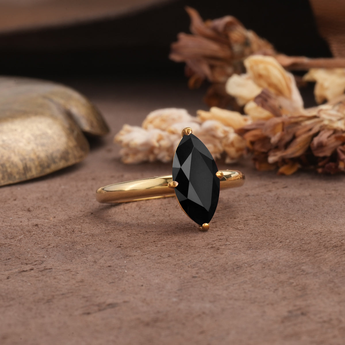 Unique and Luxurious 4-Prong Marquise Cut Black Onyx Engagement Ring - Additional view