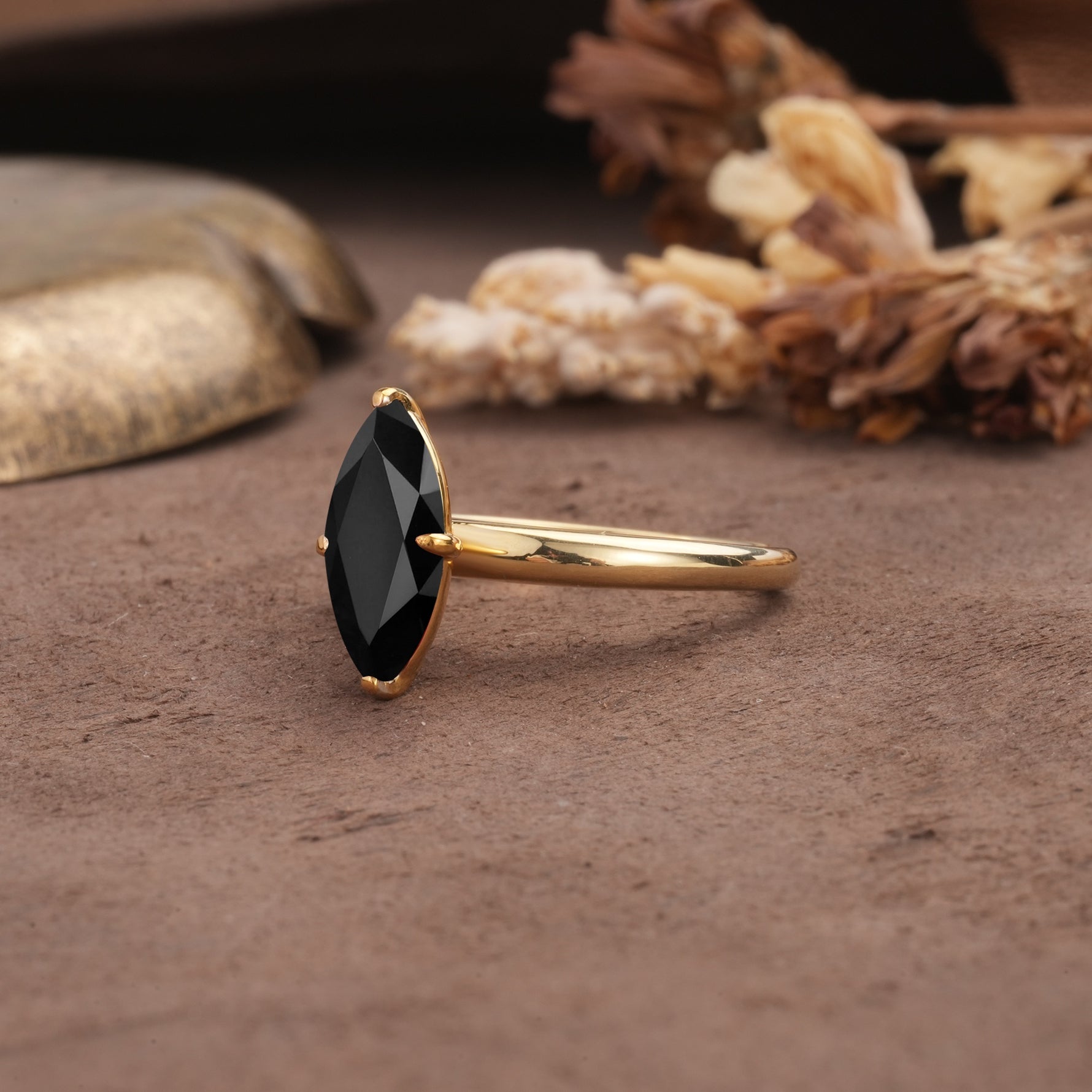 Unique and Luxurious 4-Prong Marquise Cut Black Onyx Engagement Ring - Additional view