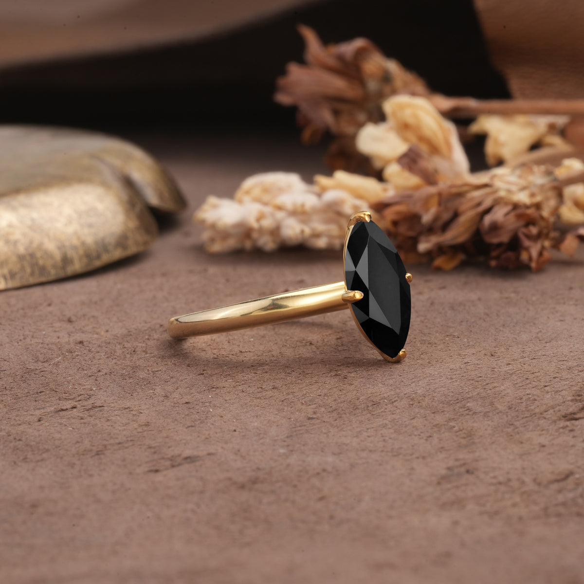 Unique and Luxurious 4-Prong Marquise Cut Black Onyx Engagement Ring - Additional view