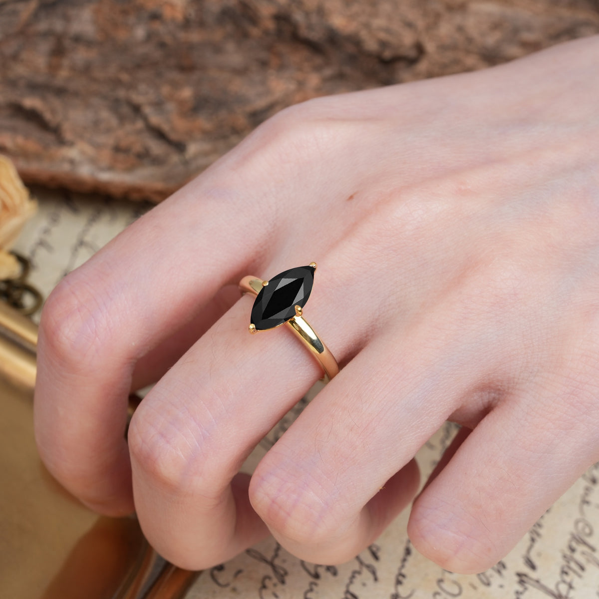Unique and Luxurious 4-Prong Marquise Cut Black Onyx Engagement Ring - Additional view