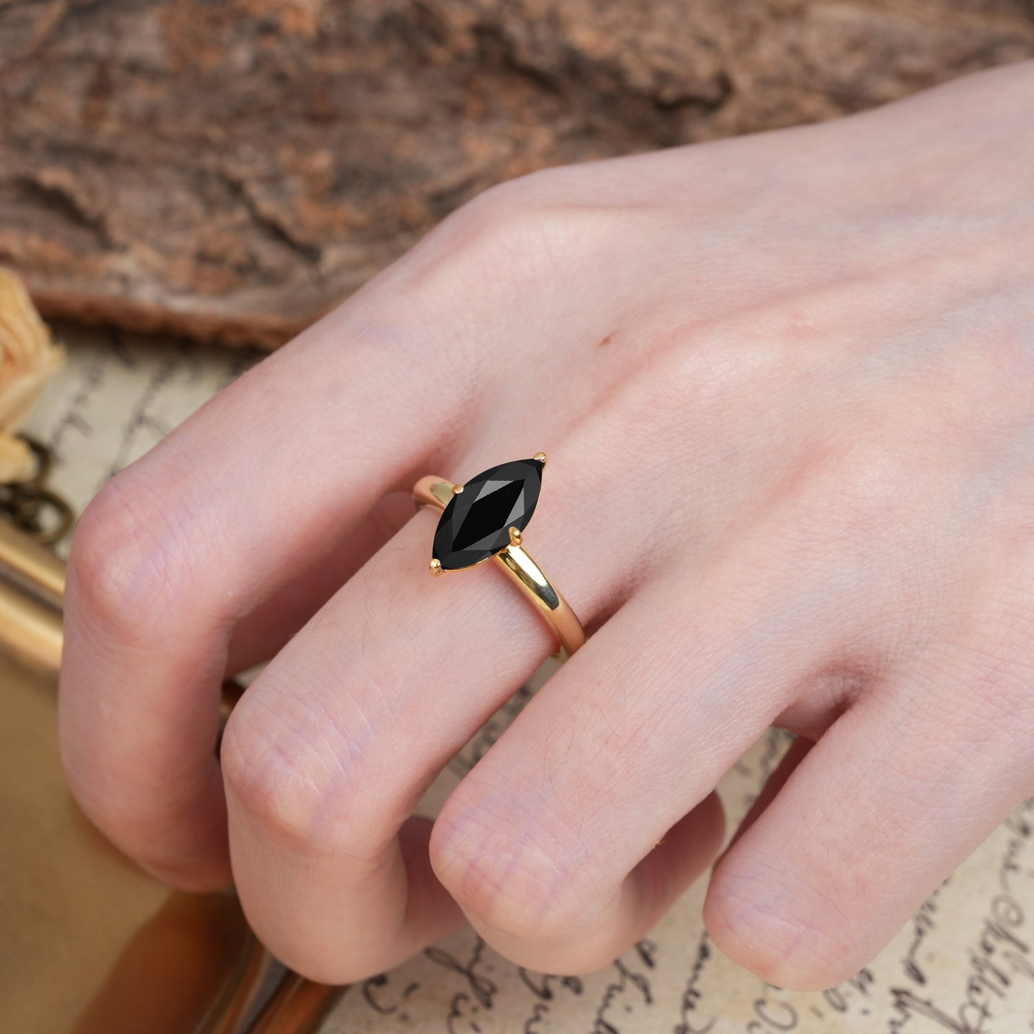 Unique and Luxurious 4-Prong Marquise Cut Black Onyx Engagement Ring - Additional view