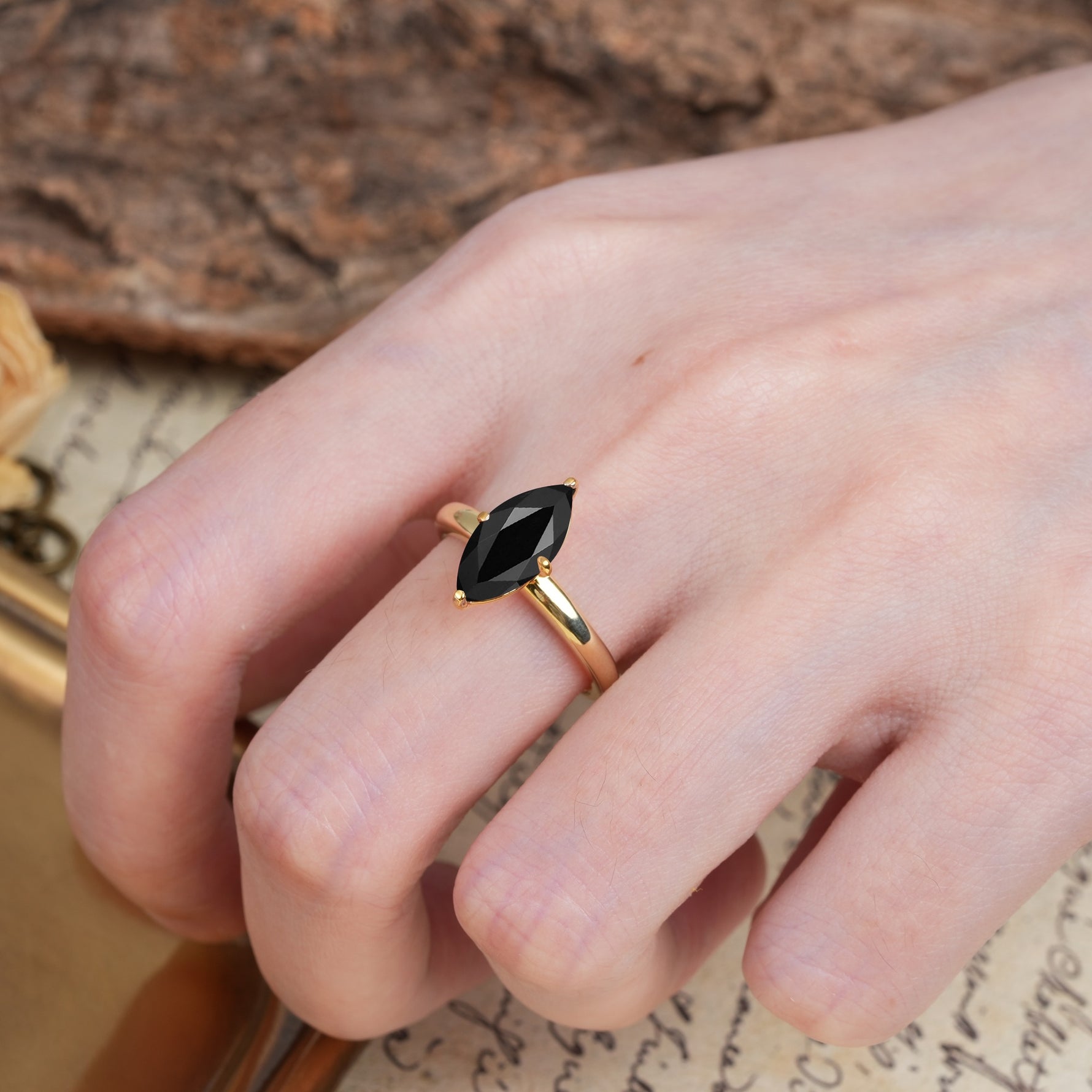 Unique and Luxurious 4-Prong Marquise Cut Black Onyx Engagement Ring - Additional view