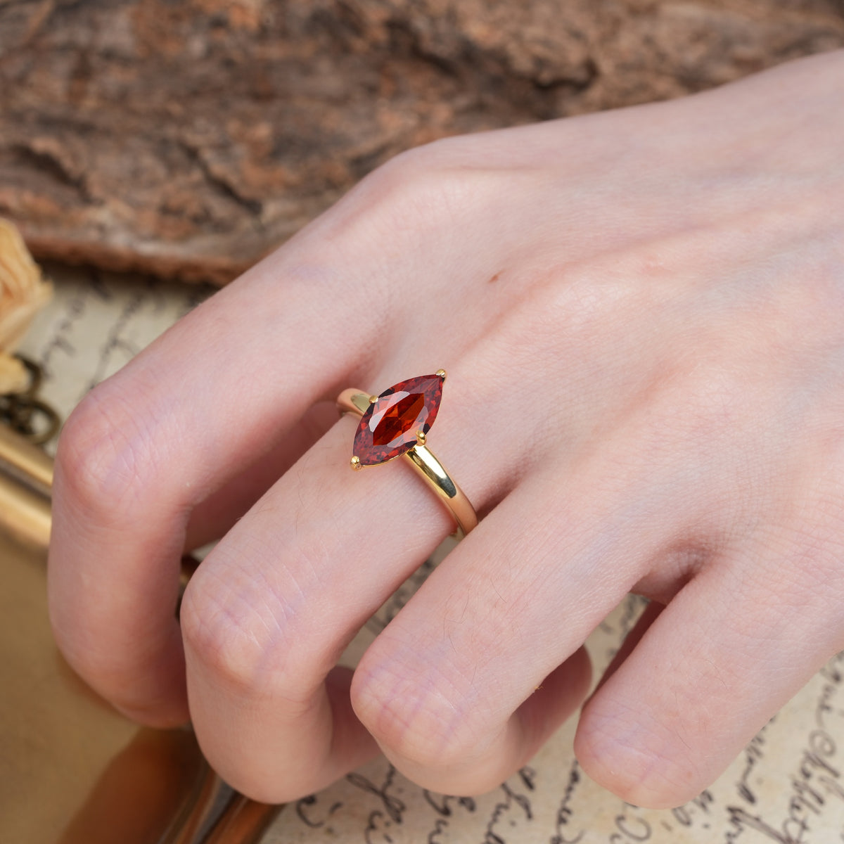 Unique and Luxurious 4-Prong Marquise Cut Garnet Engagement Ring - Additional view