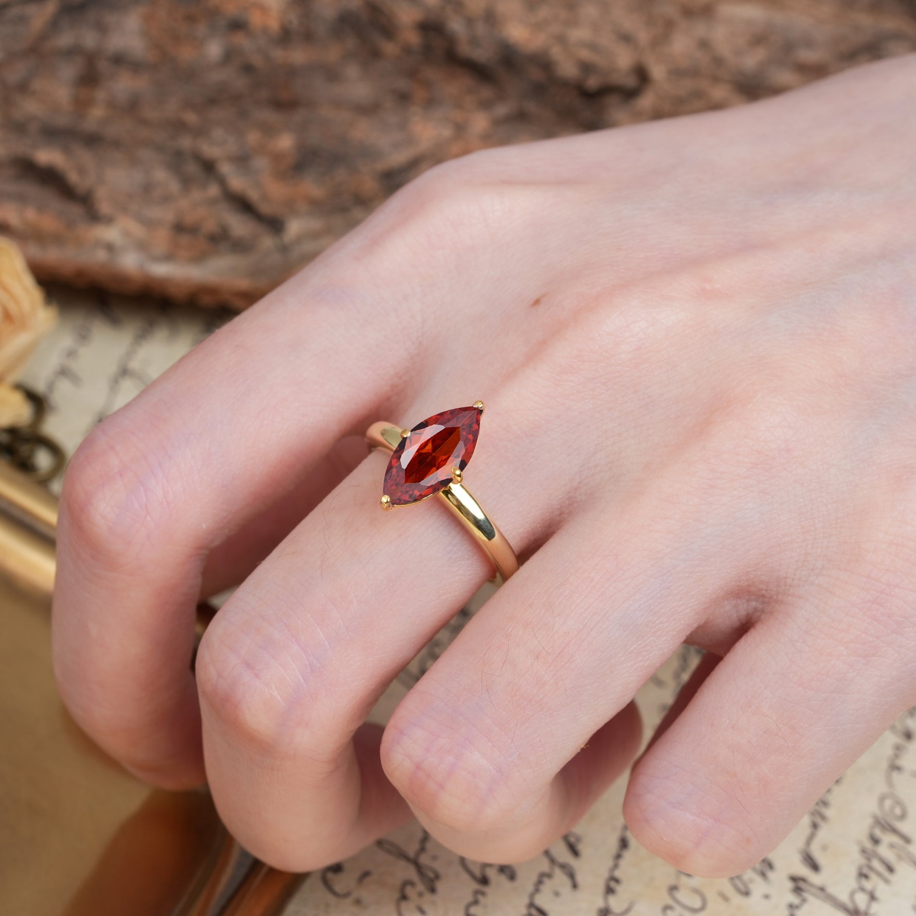 Unique and Luxurious 4-Prong Marquise Cut Garnet Engagement Ring - Additional view