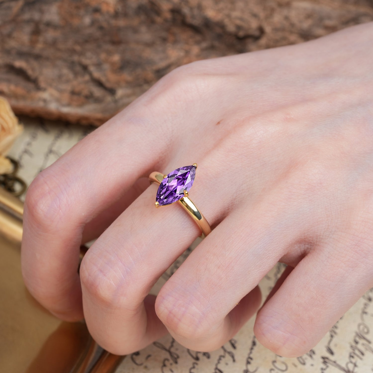 Unique and Luxurious 4-Prong Marquise Cut Amethyst Engagement Ring - Additional view