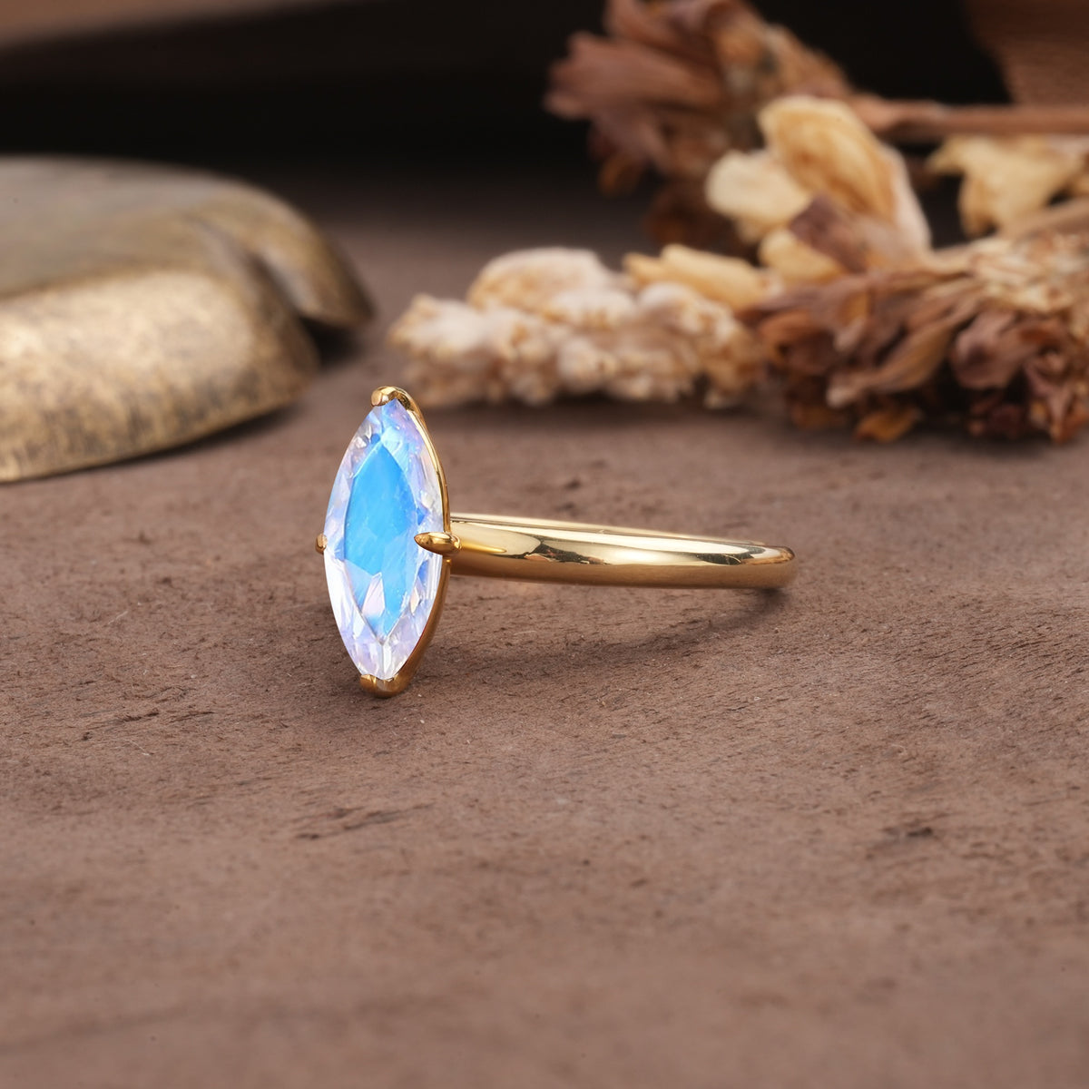 Unique and Luxurious 4-Prong Marquise Cut Moonstone Engagement Ring - Additional view