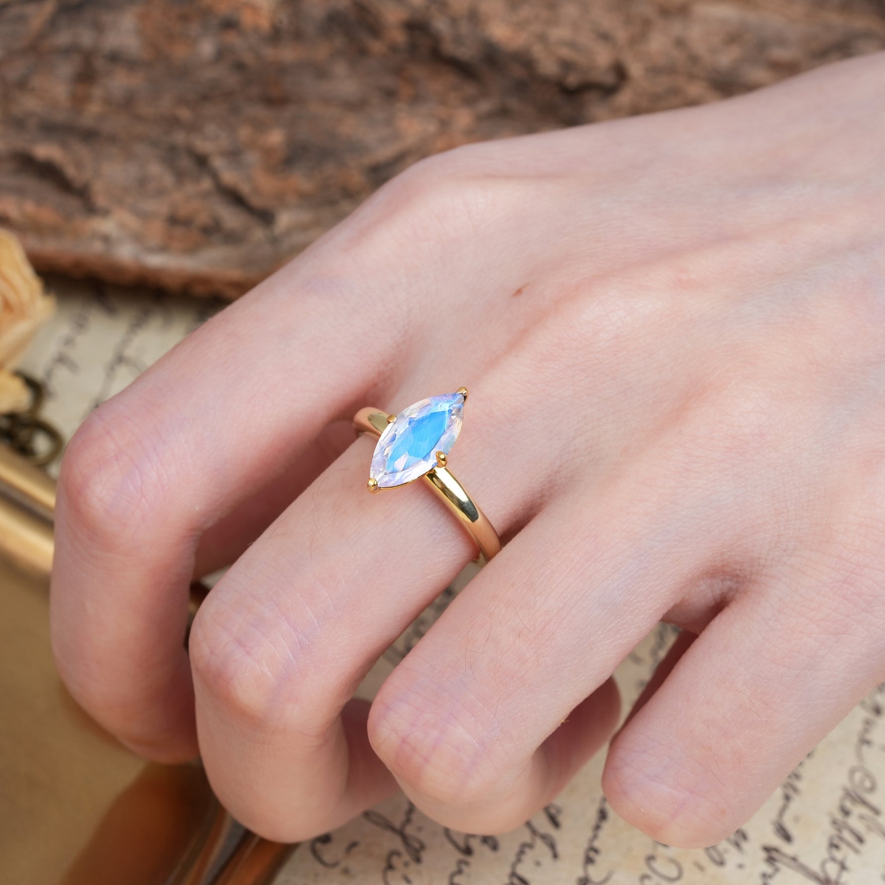 Unique and Luxurious 4-Prong Marquise Cut Moonstone Engagement Ring - Additional view
