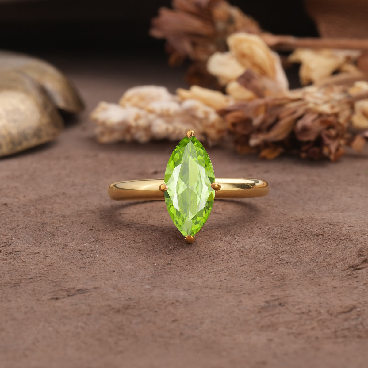 Unique and Luxurious 4-Prong Marquise Cut Peridot Engagement Ring - Additional view
