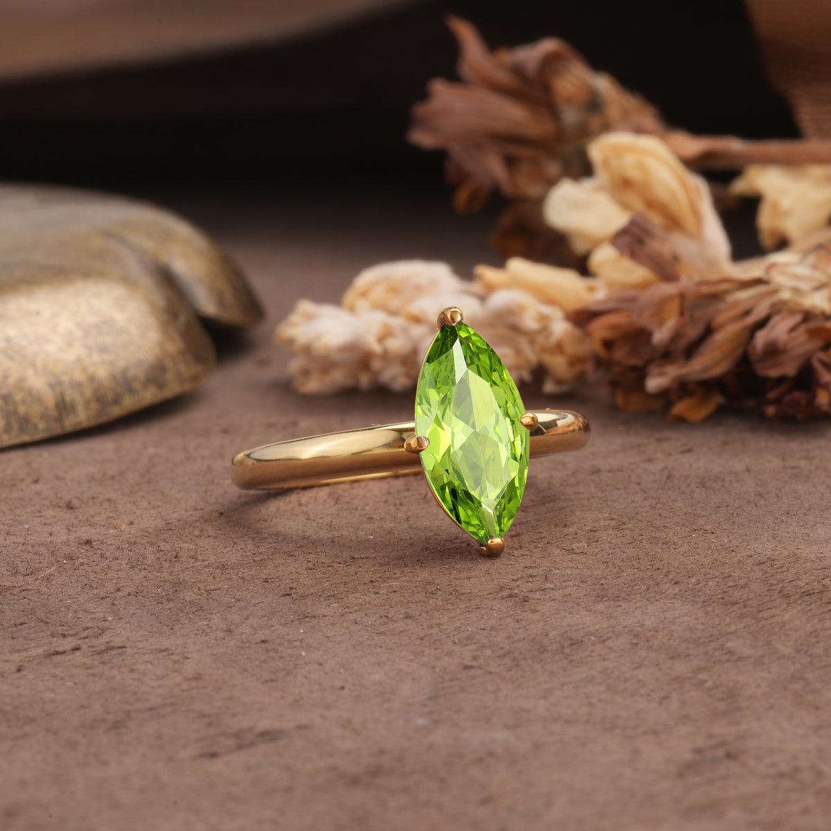 Unique and Luxurious 4-Prong Marquise Cut Peridot Engagement Ring - Additional view
