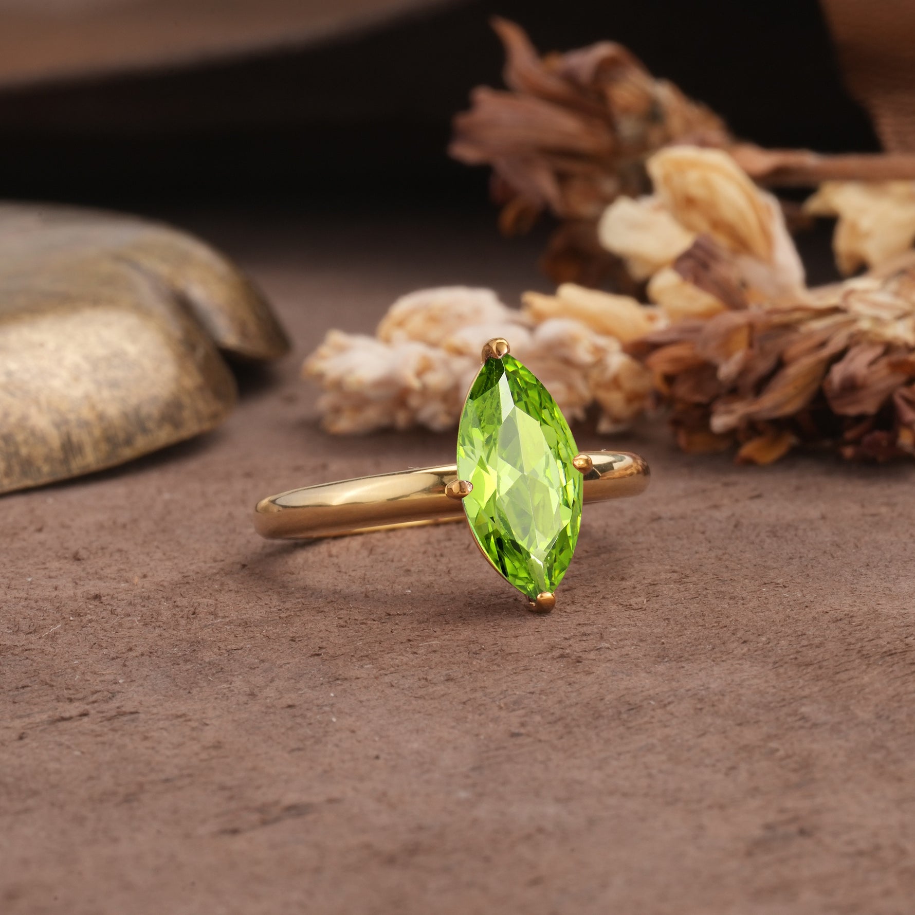 Unique and Luxurious 4-Prong Marquise Cut Peridot Engagement Ring - Additional view