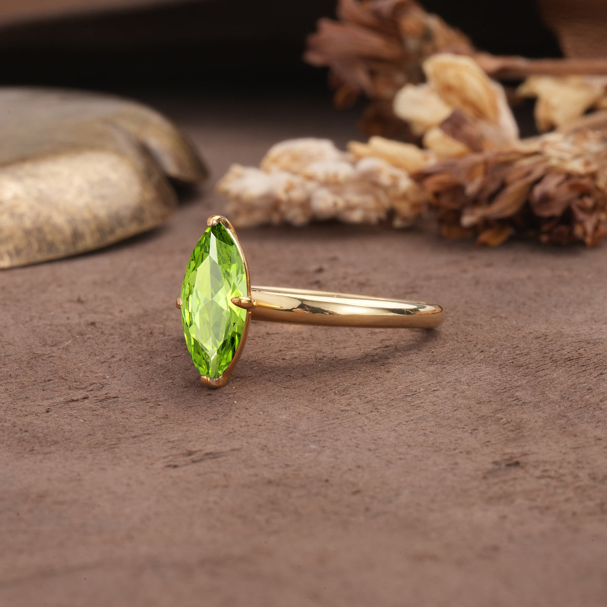 Unique and Luxurious 4-Prong Marquise Cut Peridot Engagement Ring - Additional view