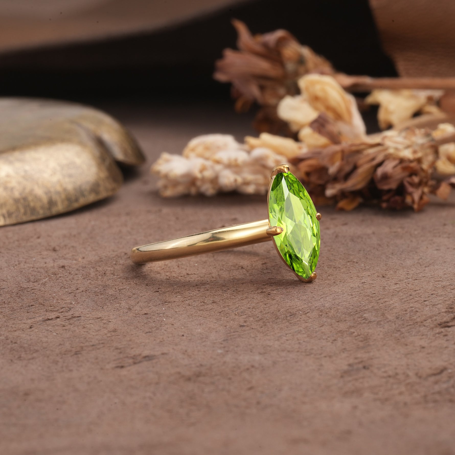 Unique and Luxurious 4-Prong Marquise Cut Peridot Engagement Ring - Additional view