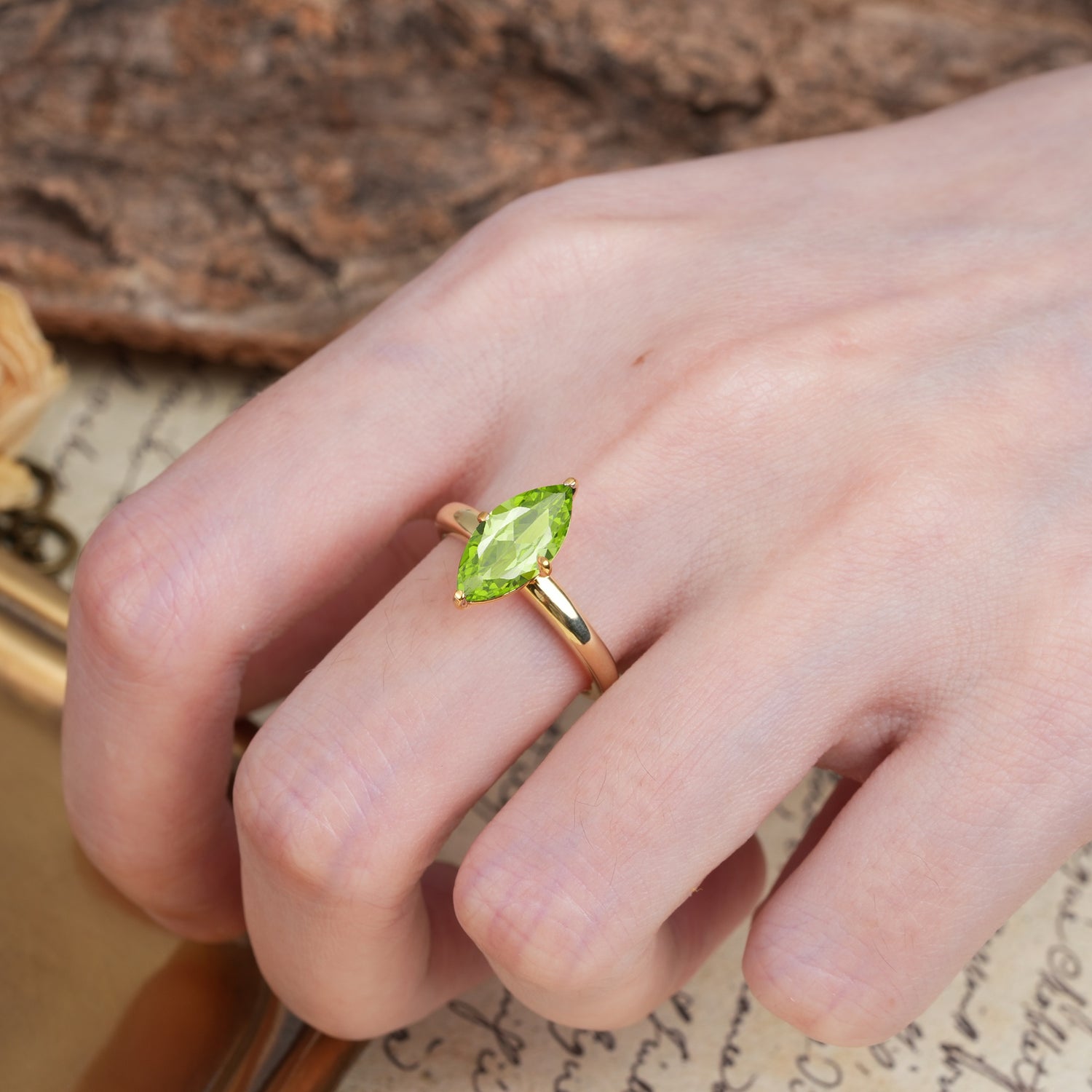 Unique and Luxurious 4-Prong Marquise Cut Peridot Engagement Ring - Additional view