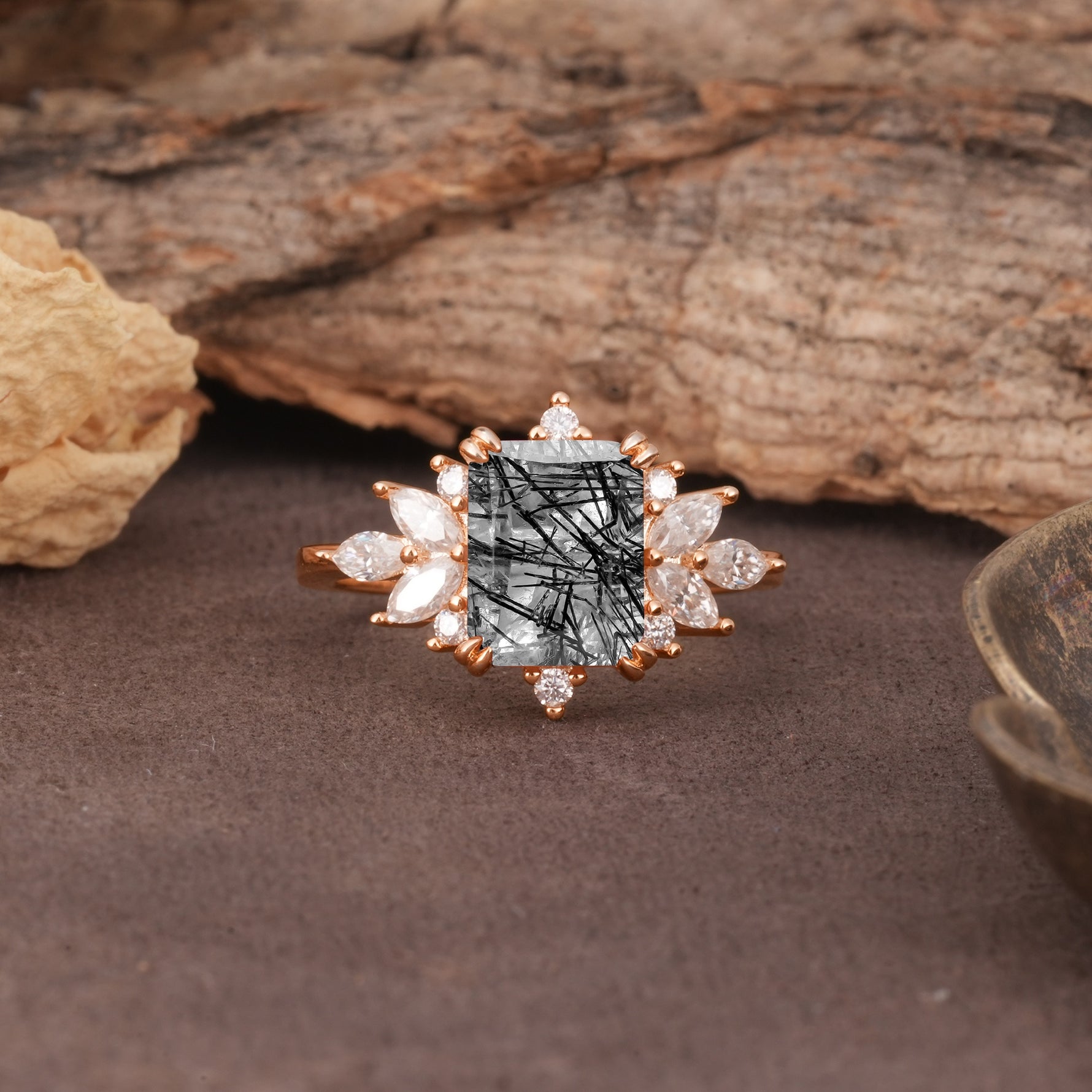Luxurious and Unique 8-Prong Emerald Cut Black Rutilated Quartz Engagement Ring - Additional view