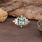 Luxurious and Unique 8-Prong Emerald Cut Moss Agate Engagement Ring - Additional view