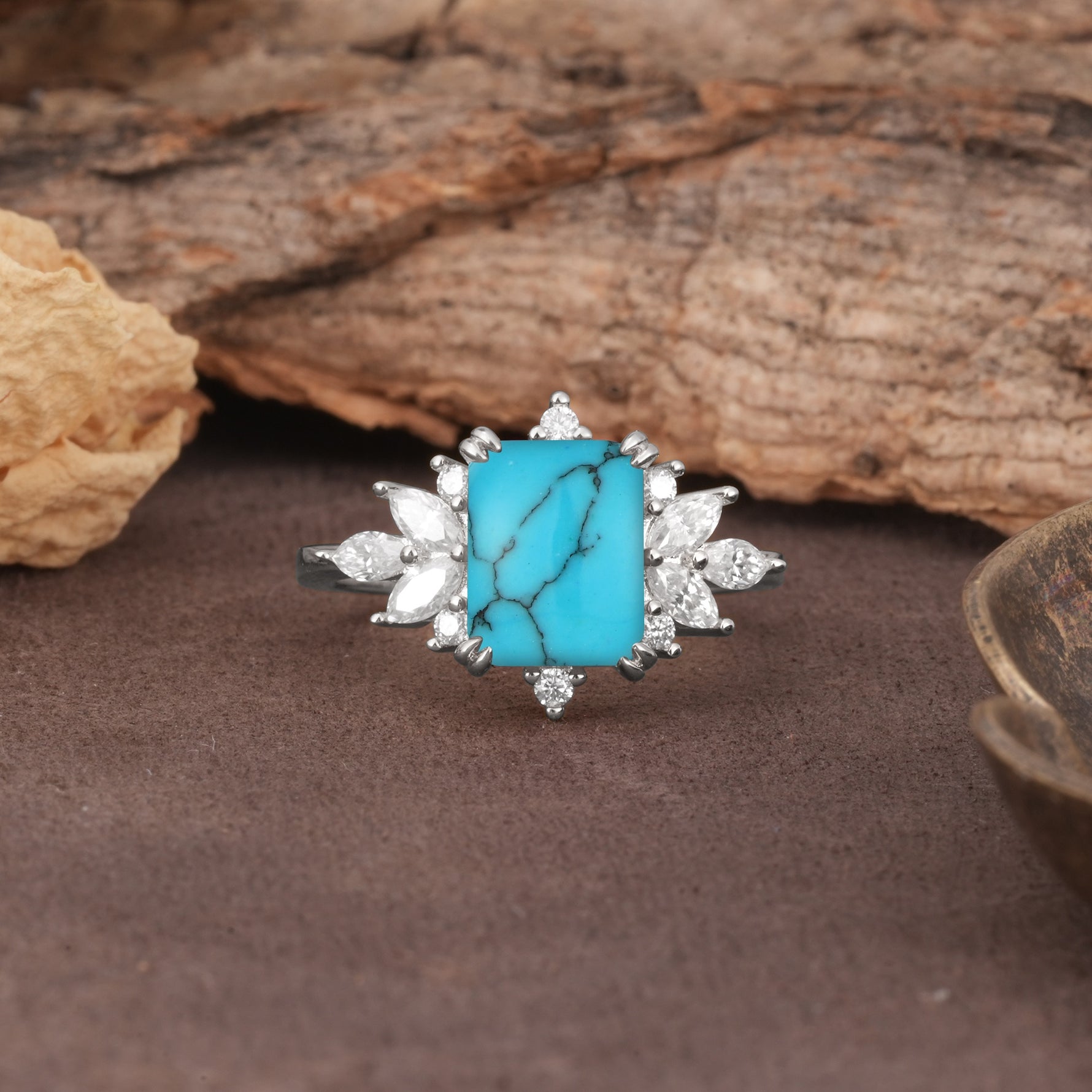 Luxurious and Unique 8-Prong Emerald Cut Turquoise Engagement Ring - Additional view