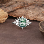 Luxurious and Unique 8-Prong Emerald Cut Moss Agate Engagement Ring - Additional view