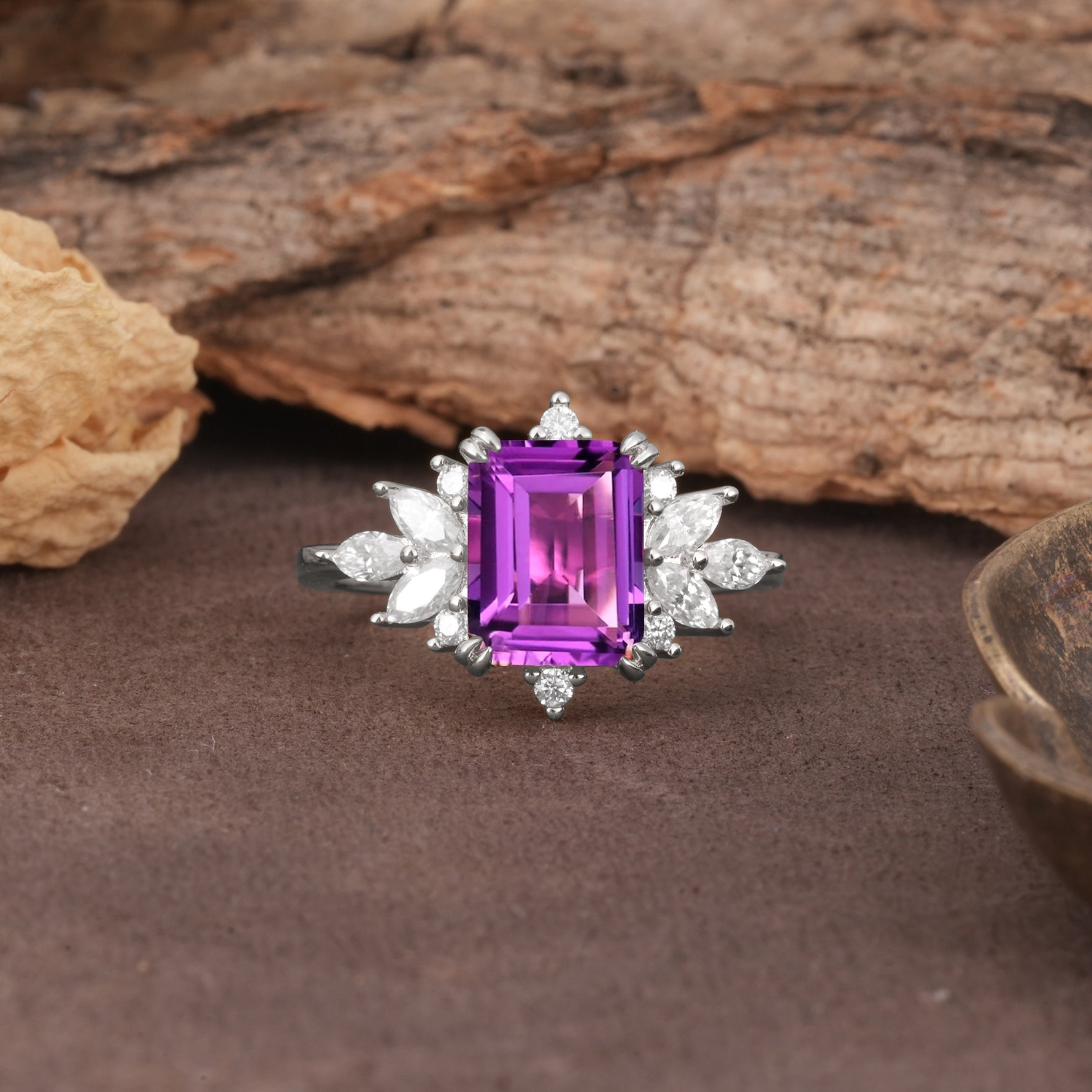 Luxurious and Unique 8-Prong Emerald Cut Amethyst Engagement Ring - Additional view