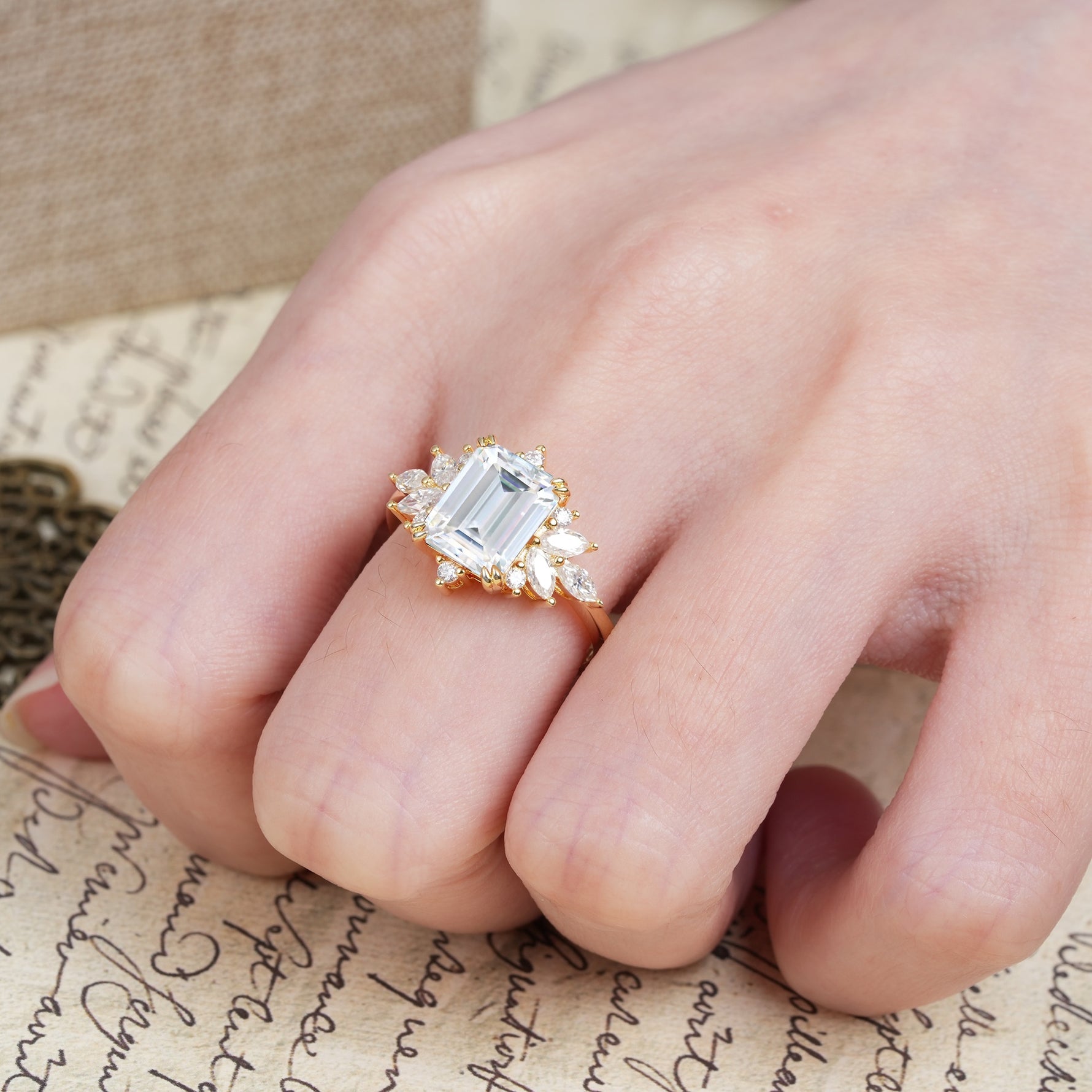 Luxurious and Unique 8-Prong Emerald Cut Moissanite Engagement Ring - Additional view