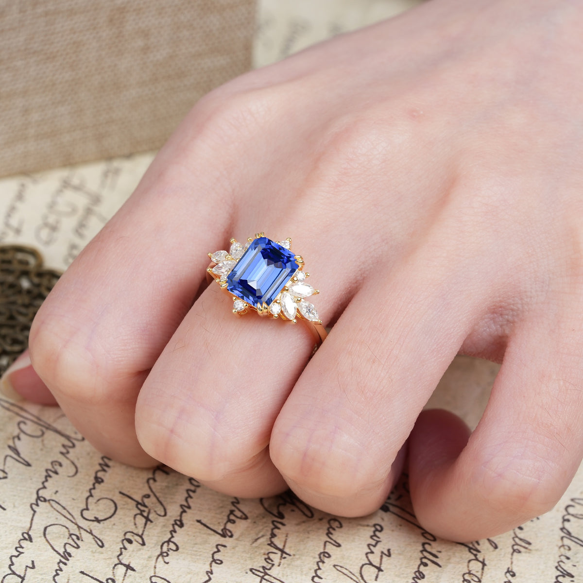 Luxurious and Unique 8-Prong Emerald Cut Sapphire Engagement Ring - Additional view