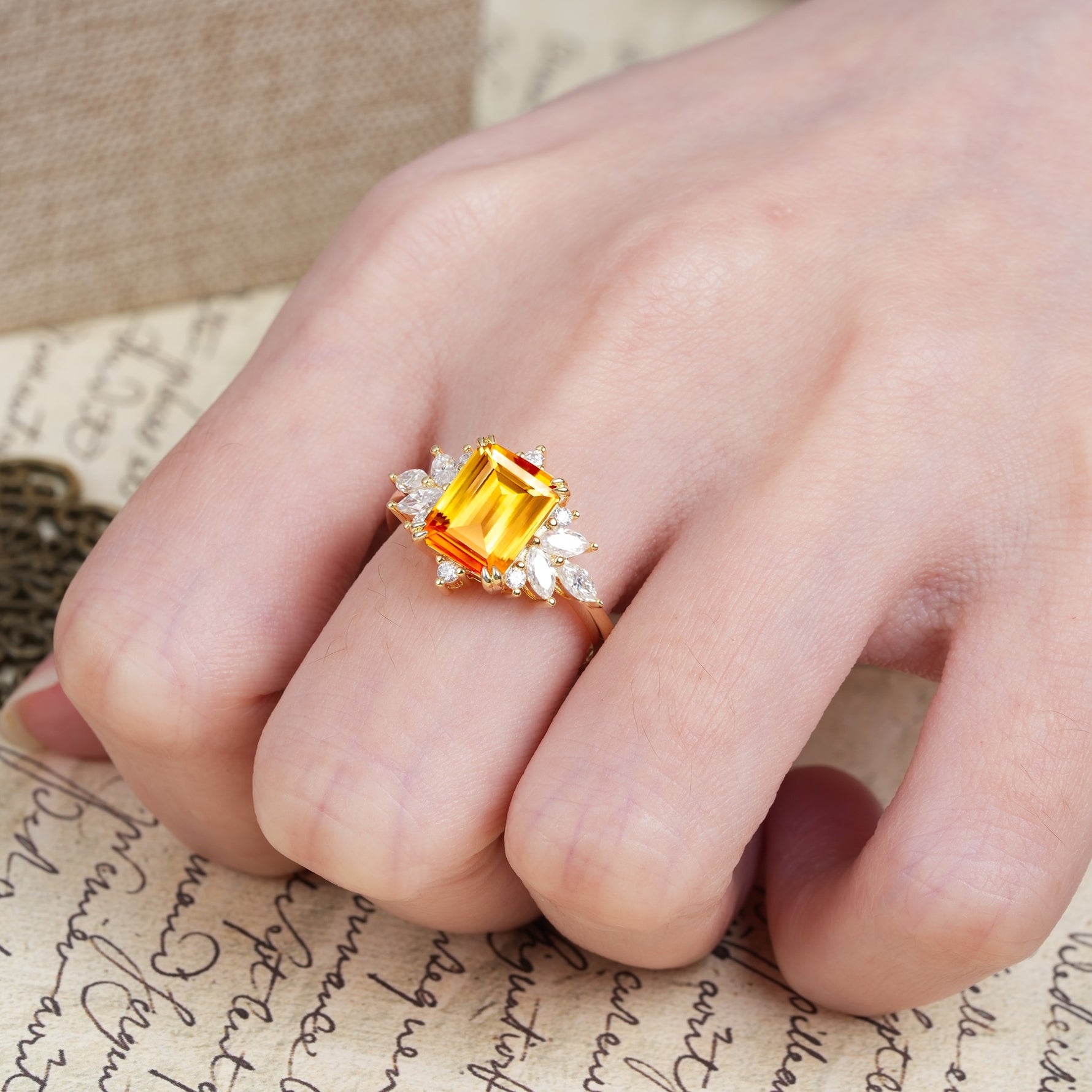 Luxurious and Unique 8-Prong Emerald Cut Citrine Engagement Ring - Additional view