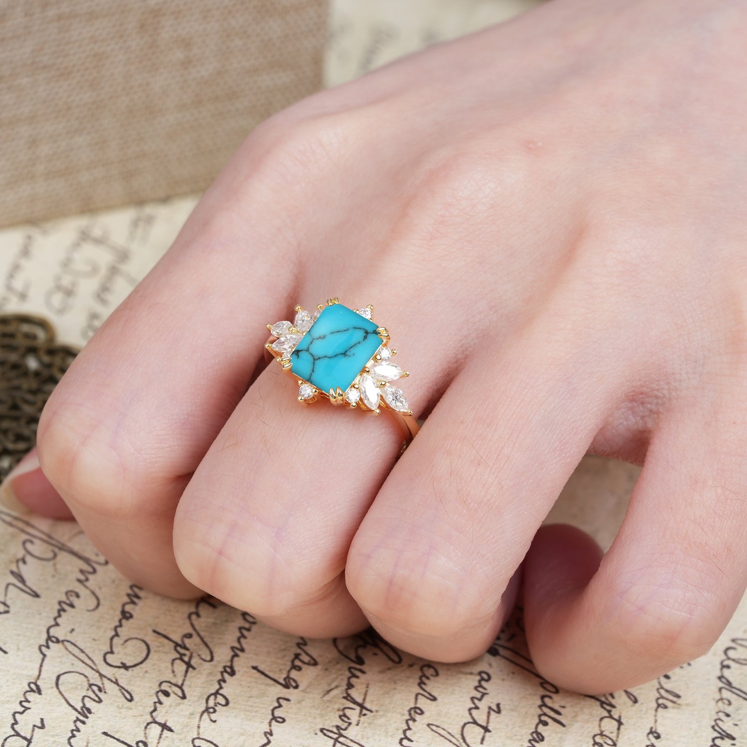 Luxurious and Unique 8-Prong Emerald Cut Turquoise Engagement Ring - Additional view