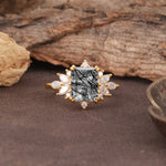 Luxurious and Unique 8-Prong Emerald Cut Black Rutilated Quartz Engagement Ring - Additional view