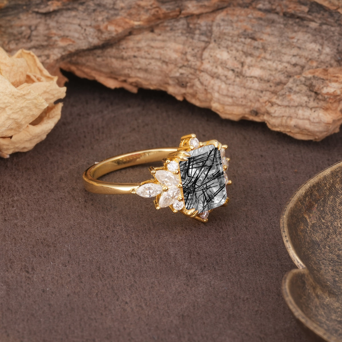 Luxurious and Unique 8-Prong Emerald Cut Black Rutilated Quartz Engagement Ring - Additional view