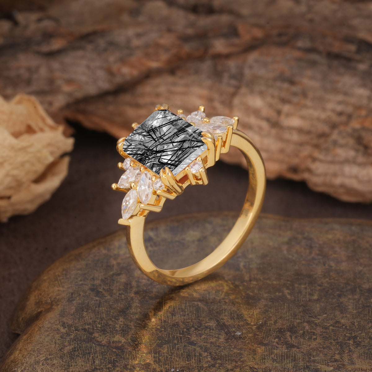 Luxurious and Unique 8-Prong Emerald Cut Black Rutilated Quartz Engagement Ring - Additional view