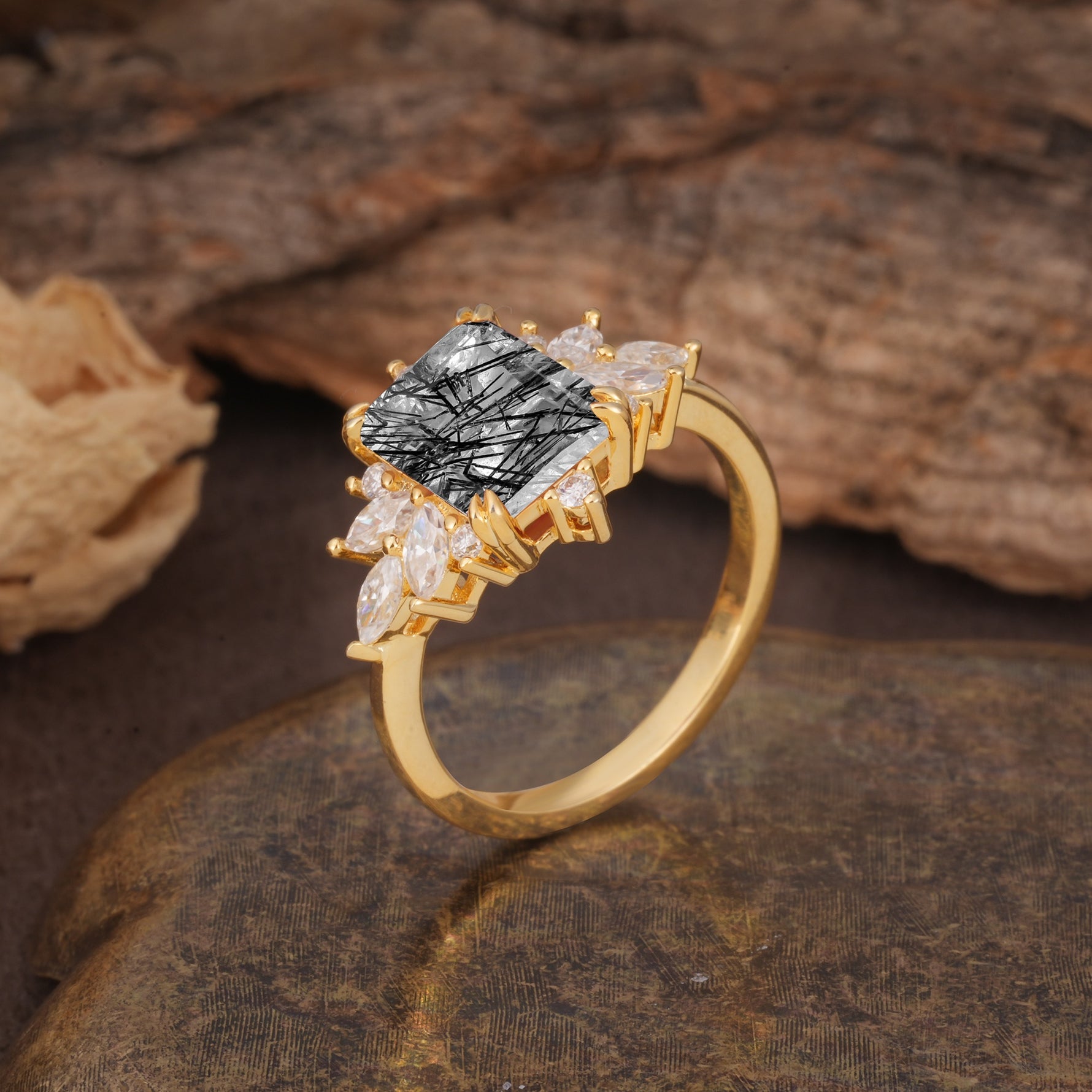 Luxurious and Unique 8-Prong Emerald Cut Black Rutilated Quartz Engagement Ring - Additional view