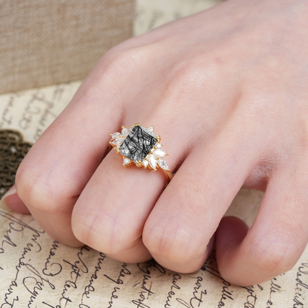 Luxurious and Unique 8-Prong Emerald Cut Black Rutilated Quartz Engagement Ring - Additional view