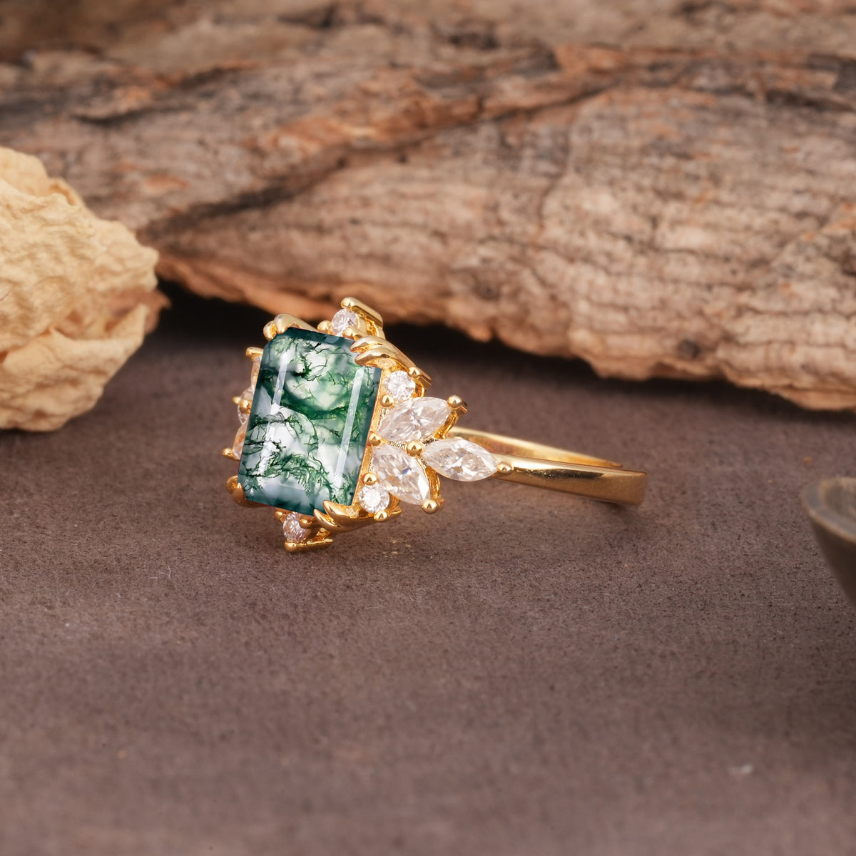 Luxurious and Unique 8-Prong Emerald Cut Moss Agate Engagement Ring - Additional view