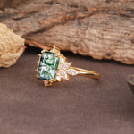Luxurious and Unique 8-Prong Emerald Cut Moss Agate Engagement Ring - Additional view